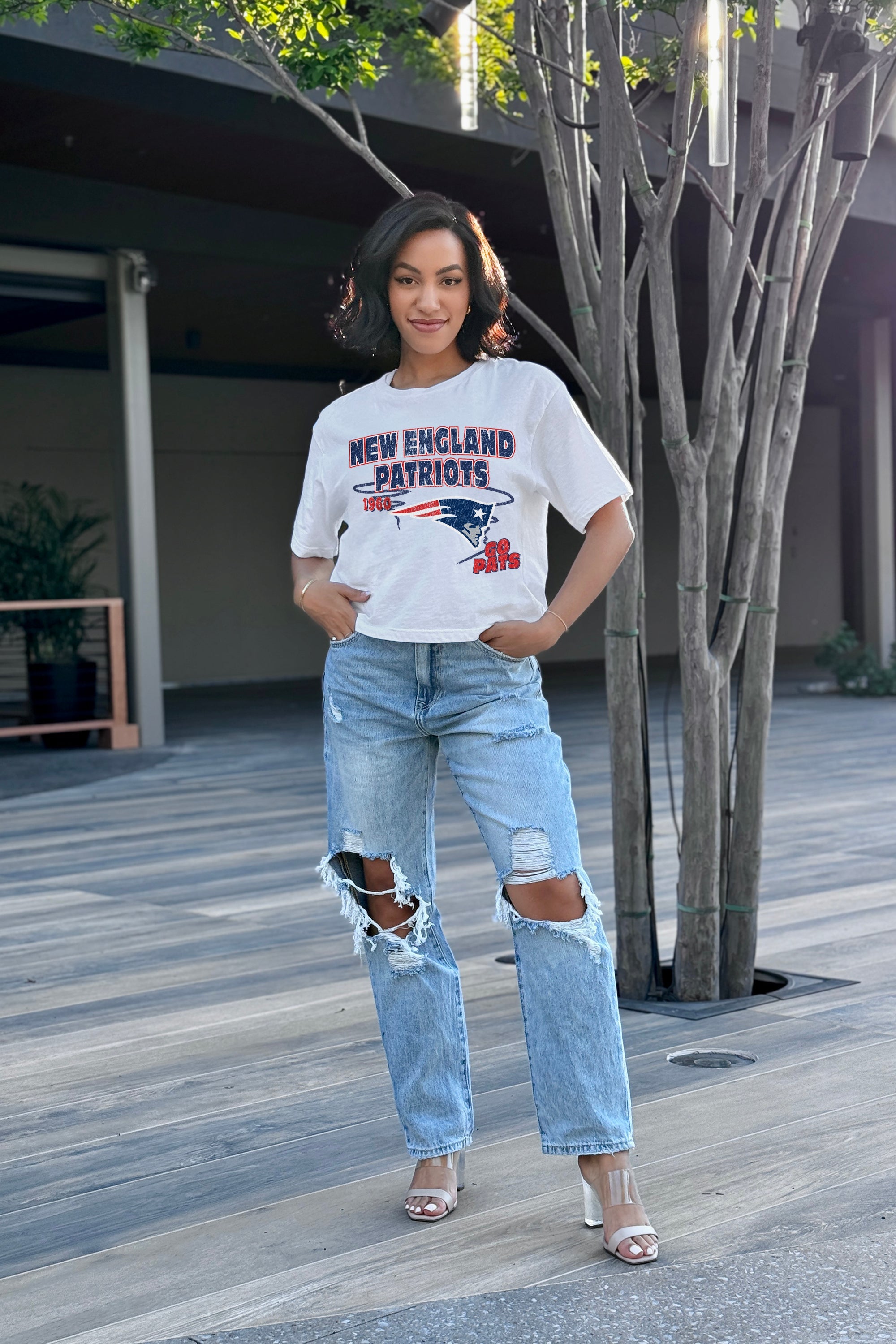 White NEW ENGLAND PATRIOTS GAMEDAY GOALS BOXY FIT WOMEN'S CROP TEE - Full Body Styled Look | Gameday Couture - SOHO