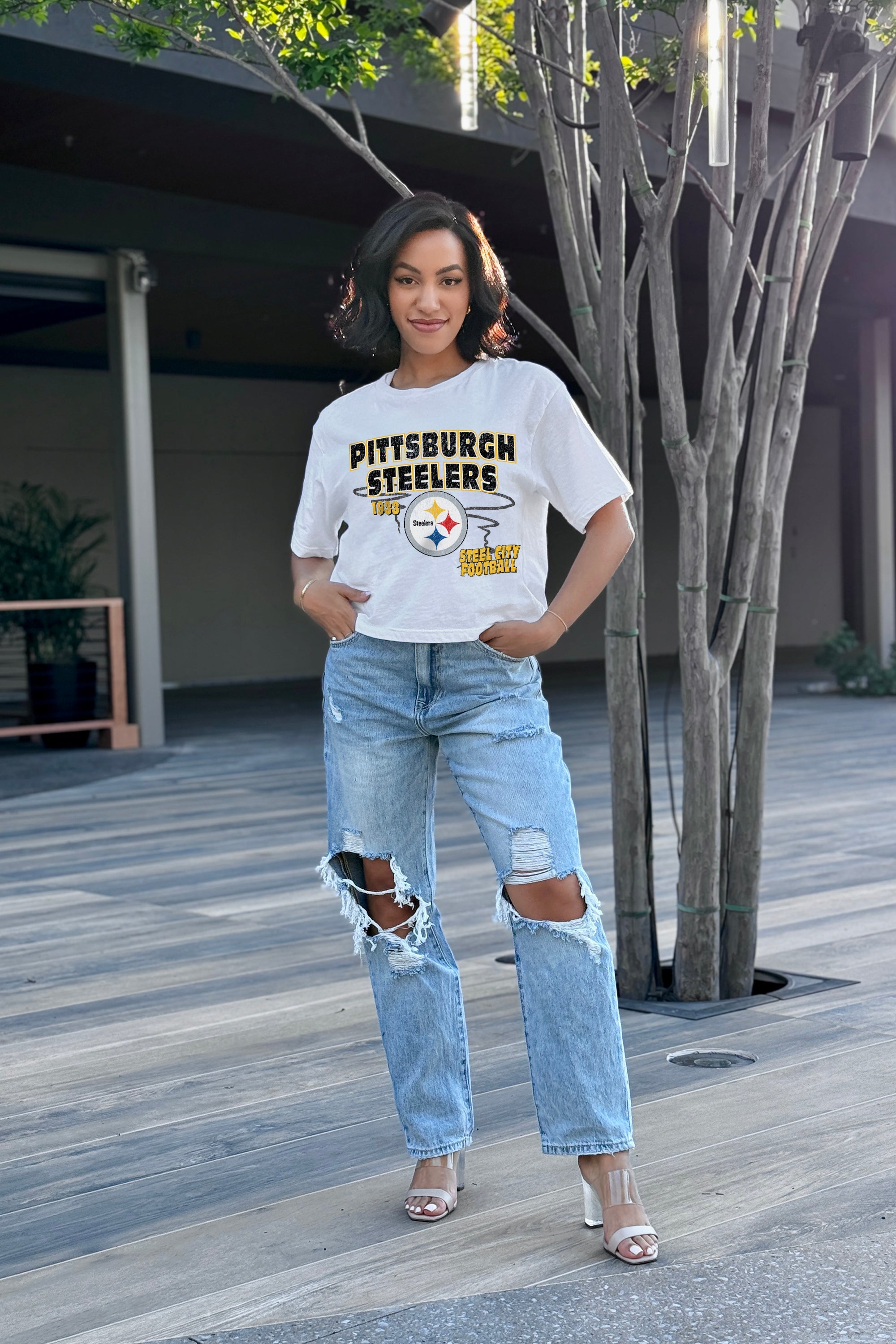 White PITTSBURGH STEELERS GAMEDAY GOALS BOXY FIT WOMEN'S CROP TEE - Full Body | Gameday Couture - SOHO