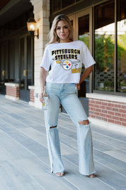 White PITTSBURGH STEELERS GAMEDAY GOALS BOXY FIT WOMEN'S CROP TEE - Styled Look | Gameday Couture - SOHO