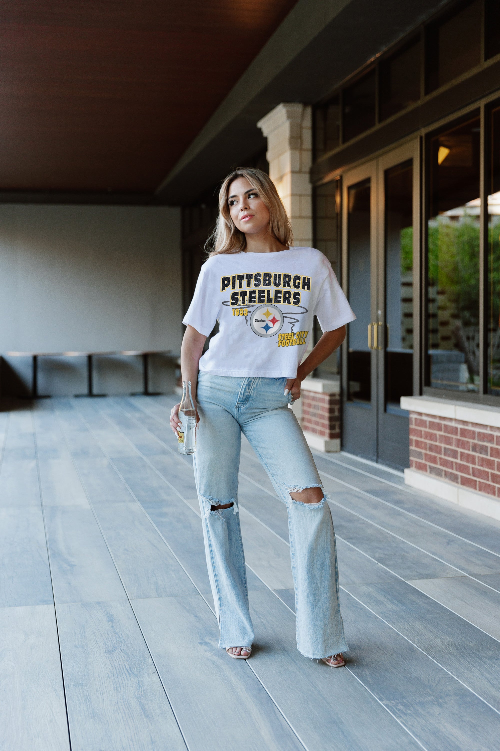 White PITTSBURGH STEELERS GAMEDAY GOALS BOXY FIT WOMEN'S CROP TEE - Side Angle | Gameday Couture - SOHO