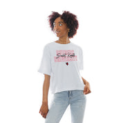 White RUTGERS SCARLET KNIGHTS Keep Playing Boxy-Fit Crop Tee - Front View | Gameday Couture - SOHO
