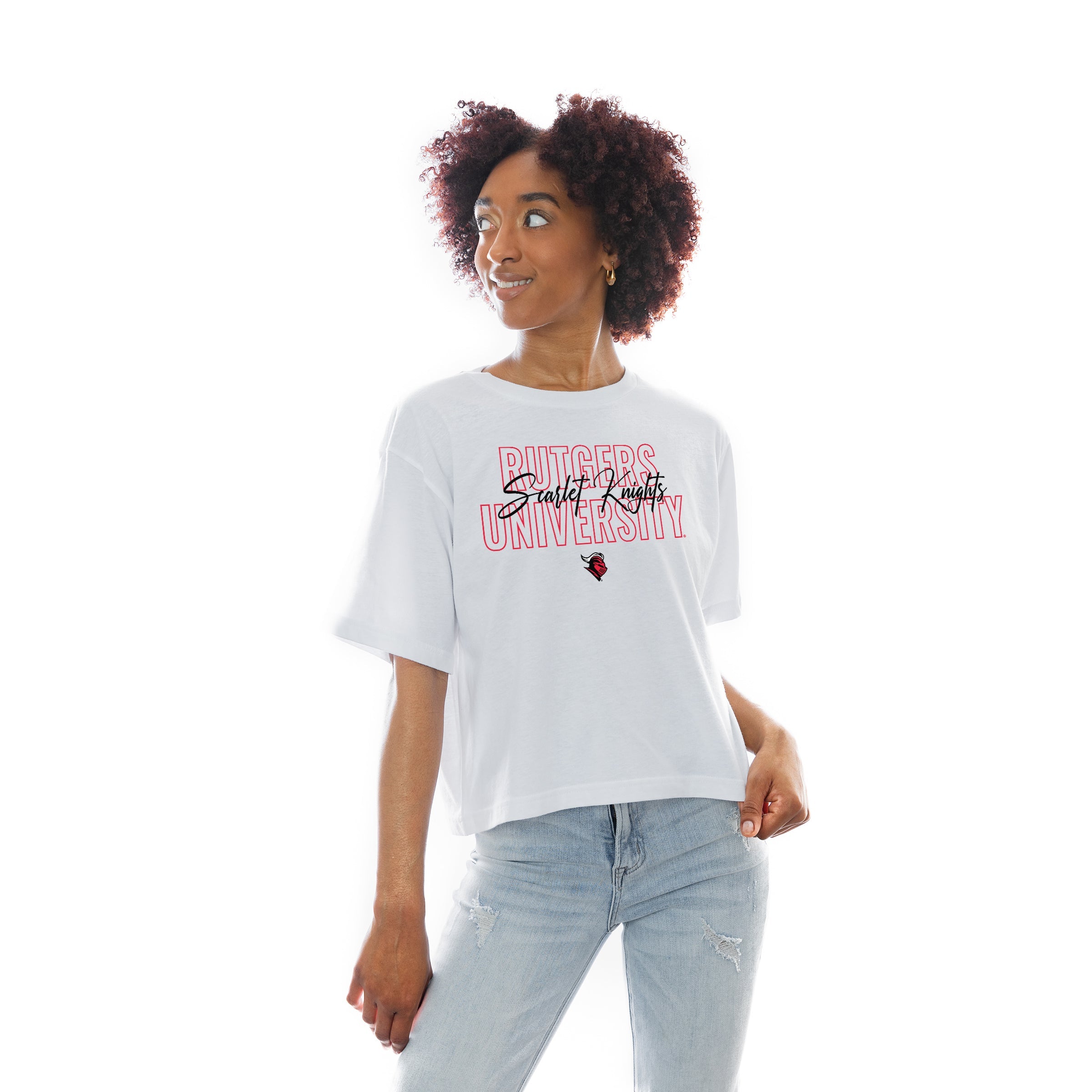 White RUTGERS SCARLET KNIGHTS Keep Playing Boxy-Fit Crop Tee - Front View | Gameday Couture - SOHO