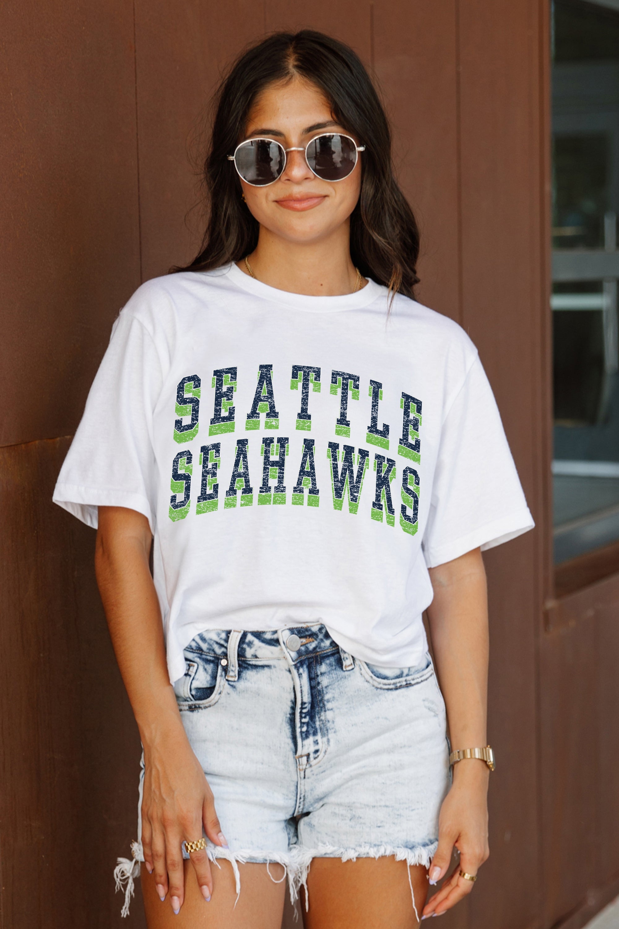 White Seattle Seahawks CLAIM TO FAME Boxy Crop Tee - Styled With Denim Shorts Front View | Gameday Couture - SOHO