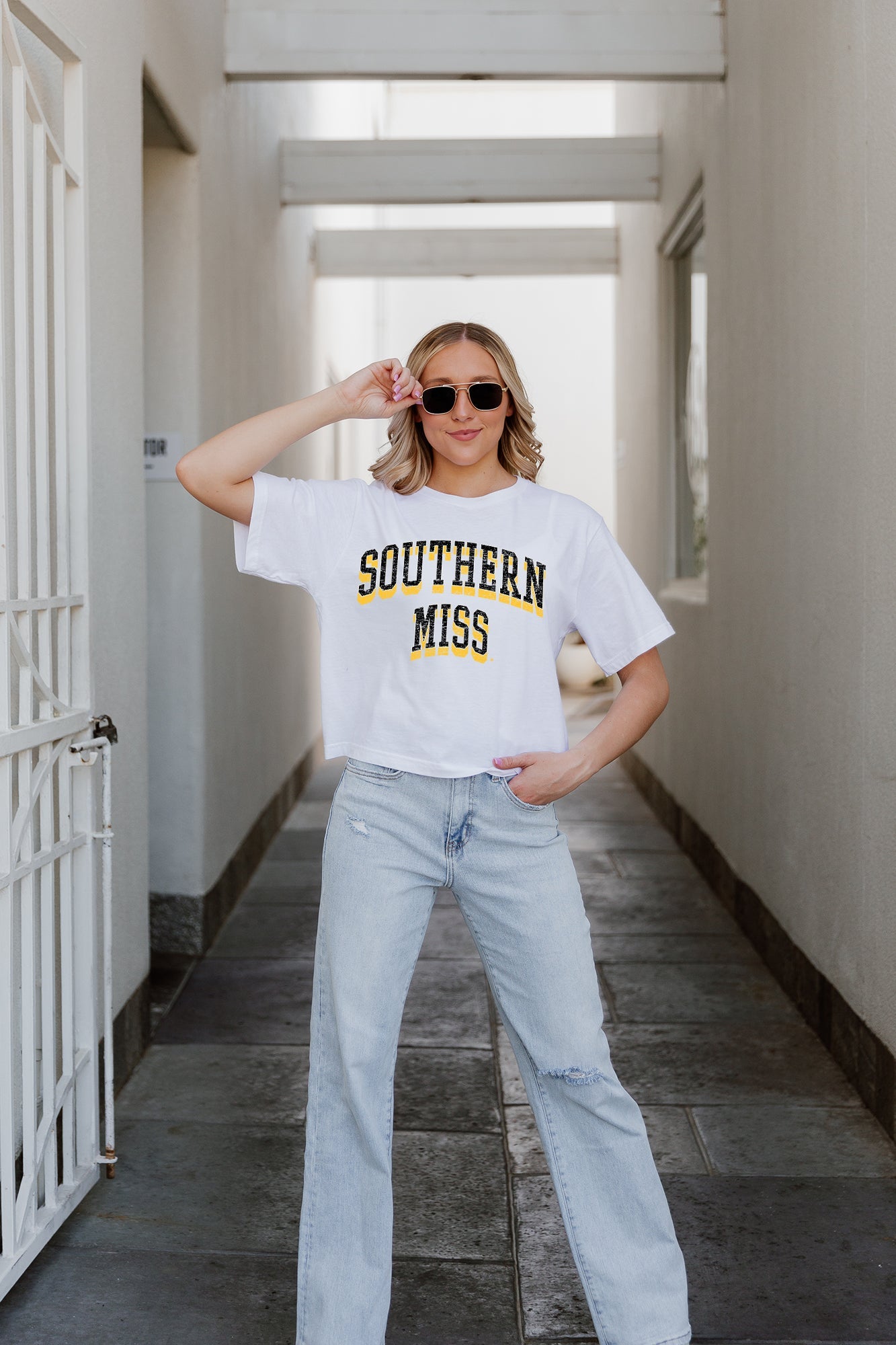 White SOUTHERN MISS GOLDEN EAGLES Claim To Fame Boxy-Fit Crop Tee - On Model Front View | Gameday Couture - SOHO