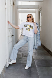 White SOUTHERN MISS GOLDEN EAGLES Claim To Fame Boxy-Fit Crop Tee - Styled Look Campus Setting | Gameday Couture - SOHO
