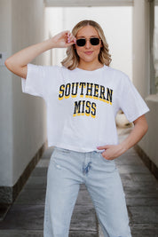 White SOUTHERN MISS GOLDEN EAGLES Claim To Fame Boxy-Fit Crop Tee - Logo Close-Up Detail | Gameday Couture - SOHO