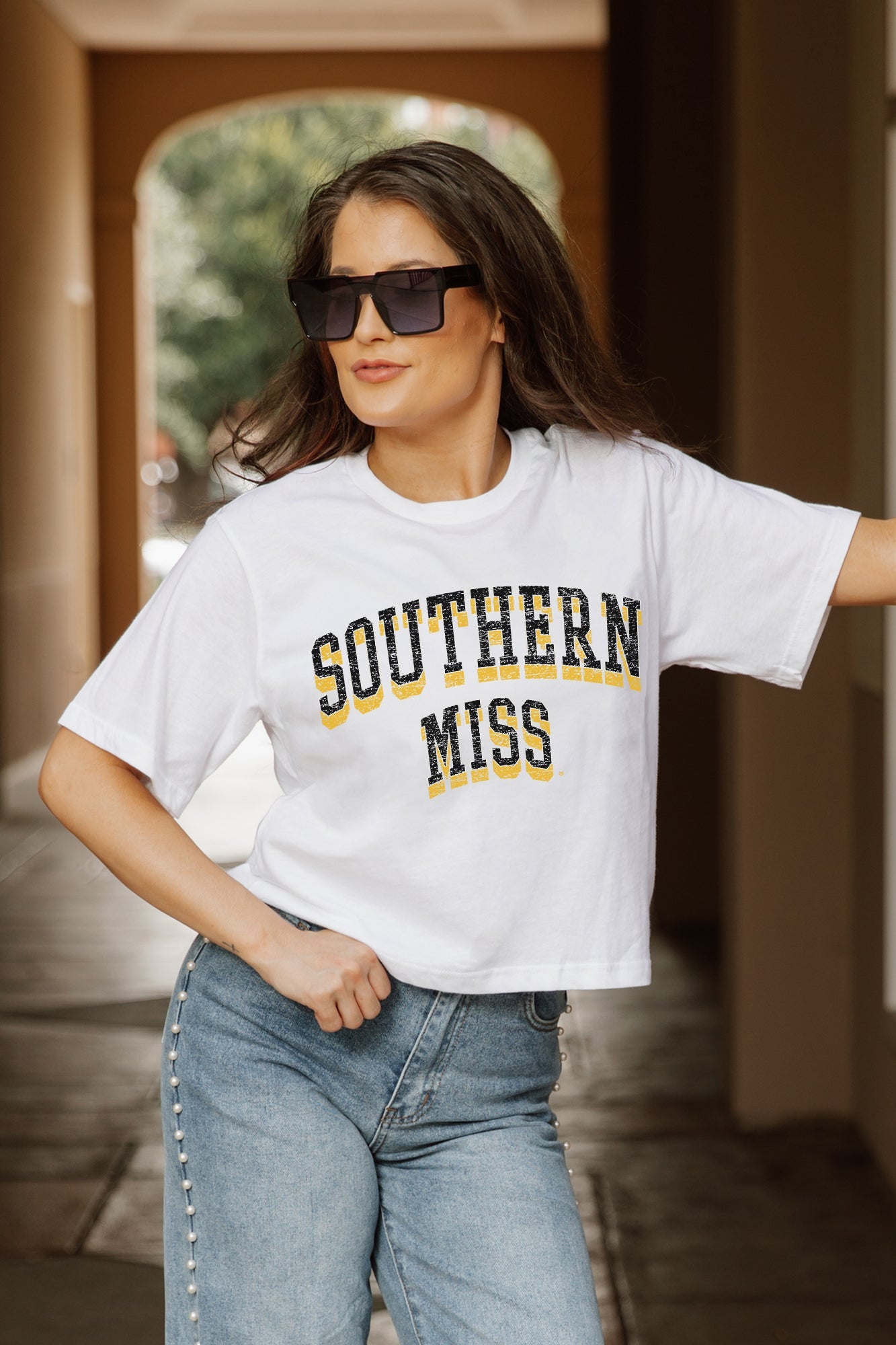 White SOUTHERN MISS GOLDEN EAGLES Claim To Fame Boxy-Fit Crop Tee - Campus Lifestyle Shot | Gameday Couture - SOHO