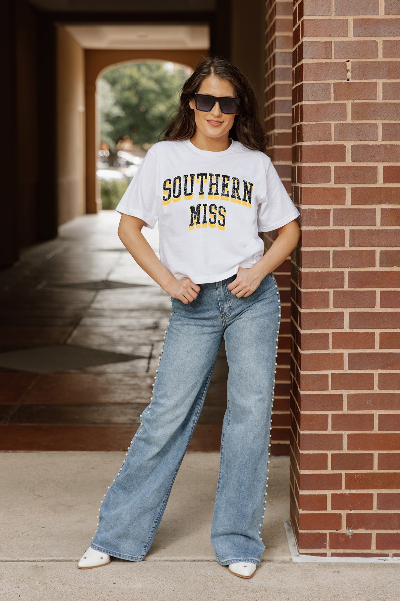 White SOUTHERN MISS GOLDEN EAGLES Claim To Fame Boxy-Fit Crop Tee - Full Body Styling View | Gameday Couture - SOHO