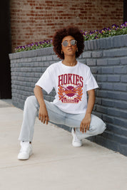 White VIRGINIA TECH HOKIES BASES LOADED BOXY FIT Women's Crop Tee - Seated View | Gameday Couture - SOHO