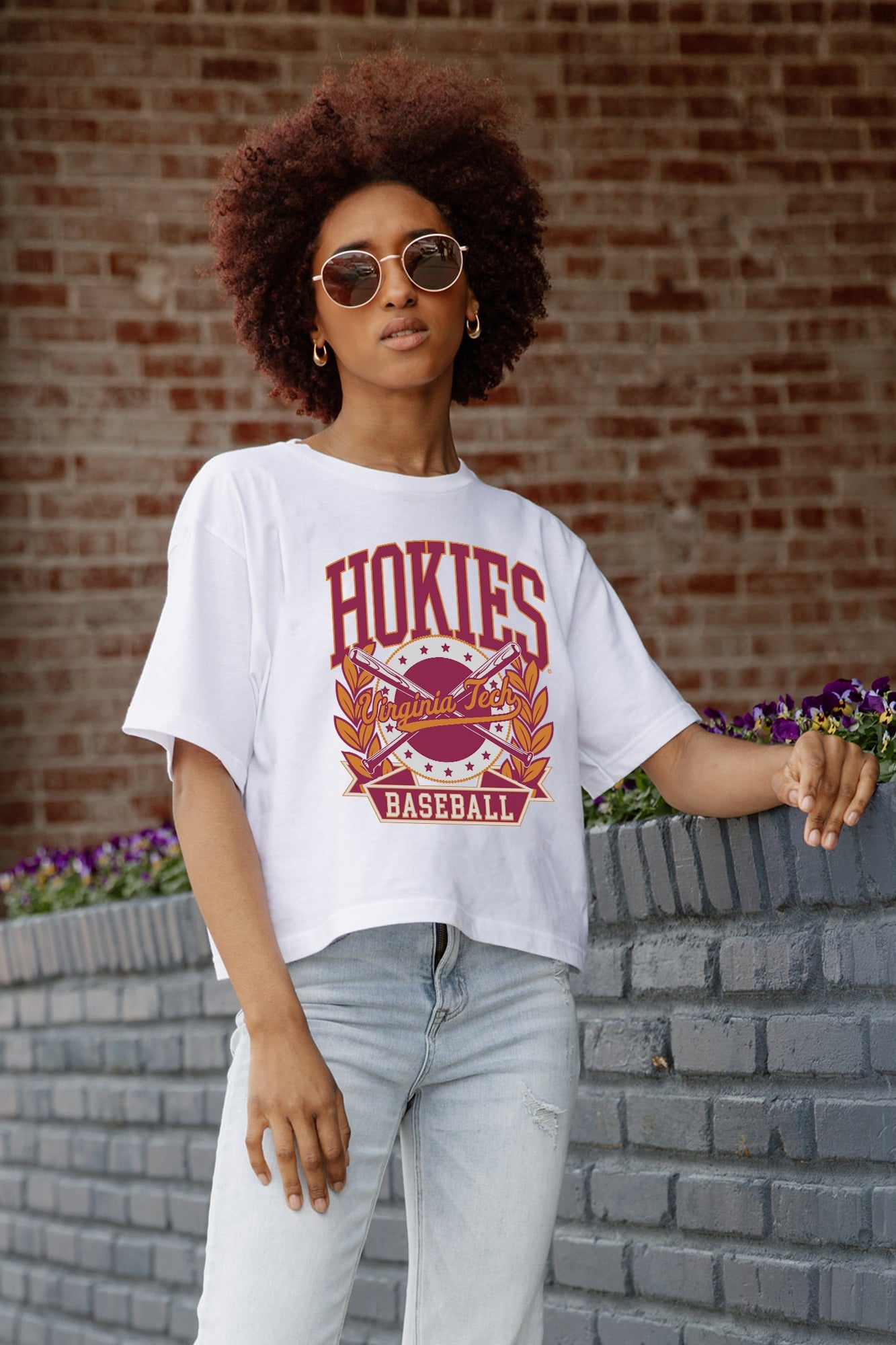 White VIRGINIA TECH HOKIES BASES LOADED BOXY FIT Women's Crop Tee - Front Close-Up | Gameday Couture - SOHO