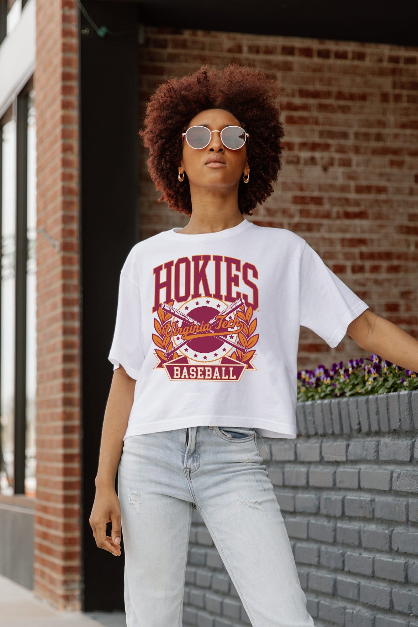 White VIRGINIA TECH HOKIES BASES LOADED BOXY FIT Women's Crop Tee - Low Angle | Gameday Couture - SOHO