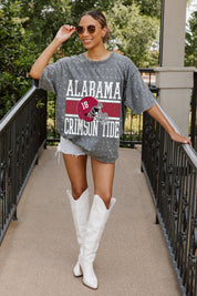 Grey Alabama Crimson Tide Mini Rhinestone Tee - On Model Front View with Denim Shorts | Gameday Couture - SOHO