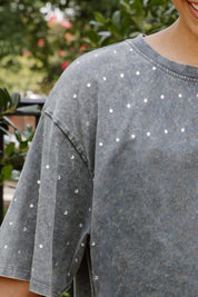 Grey Acid Wash Cotton Tee - Mini Rhinestone Embellishment Close-Up Detail, Shoulder and Sleeve | Gameday Couture - SOHO