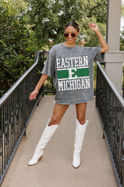 Grey Eastern Michigan Eagles Mini Rhinestone Tee - Full Length On Model, Styled with White Boots | Gameday Couture - SOHO