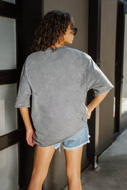 Grey Eastern Michigan Eagles Mini Rhinestone Oversized Cotton Tee - Back View On Model | Gameday Couture - SOHO