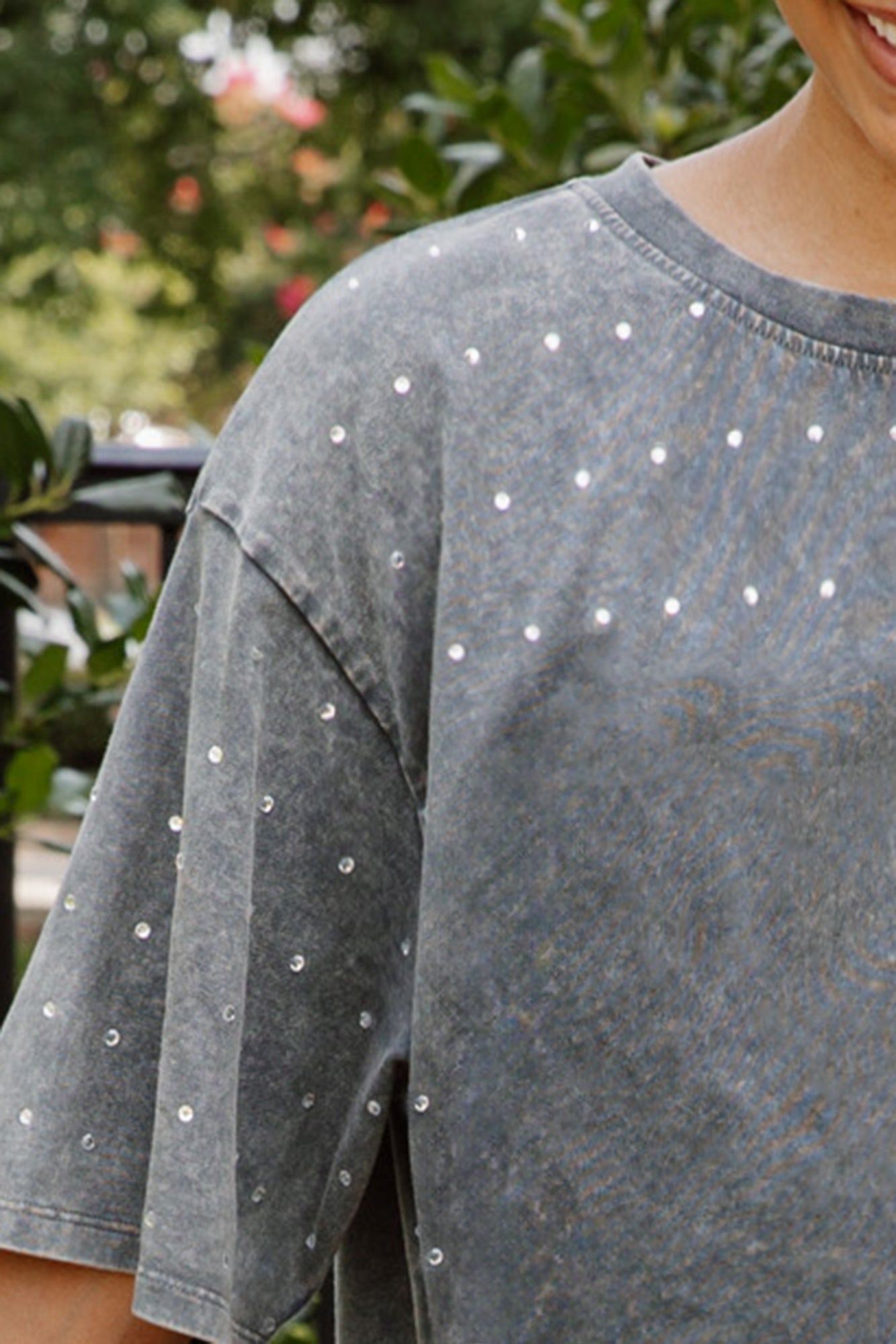 Grey Mini Rhinestone Embellishment Close-Up Detail - Eastern Michigan Eagles Gameday Tee Shoulder | Gameday Couture - SOHO