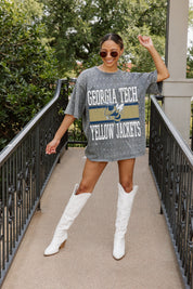 Grey Georgia Tech Yellow Jackets On The Ball Mini Rhinestone Tee - Full Front On Model | Gameday Couture - SOHO