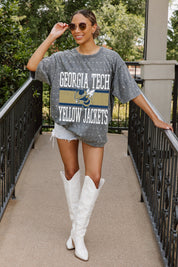 Grey Georgia Tech Yellow Jackets On The Ball Mini Rhinestone Tee - Front On Model with Denim Shorts | Gameday Couture - SOHO
