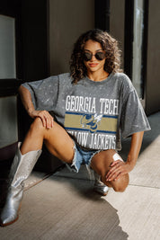 Grey Georgia Tech Yellow Jackets On The Ball Mini Rhinestone Tee - Seated Lifestyle Shot | Gameday Couture - SOHO