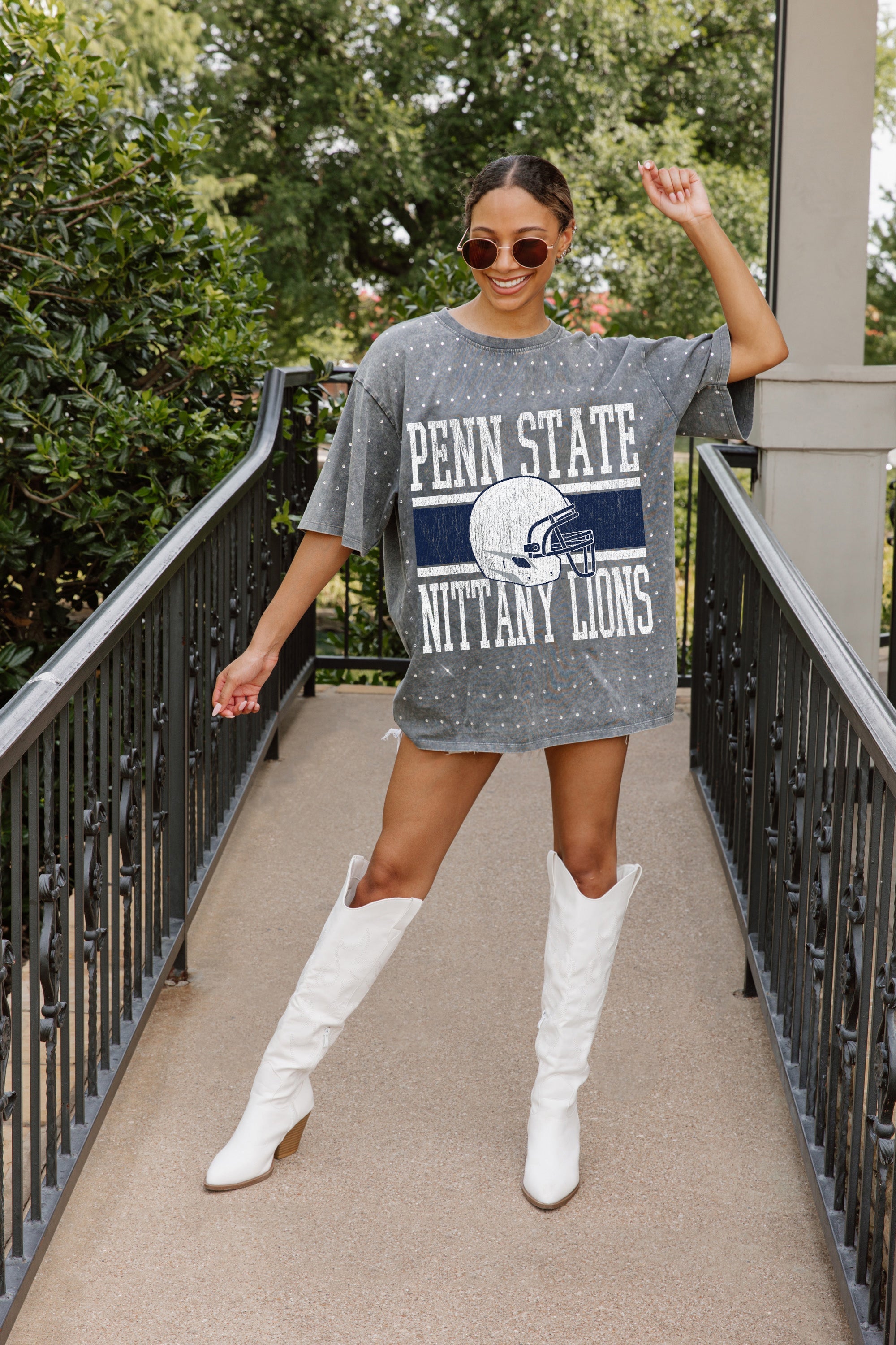 Grey Penn State Nittany Lions On The Ball Mini Rhinestone Tee - Full Length On Model | Gameday Couture - SOHO
