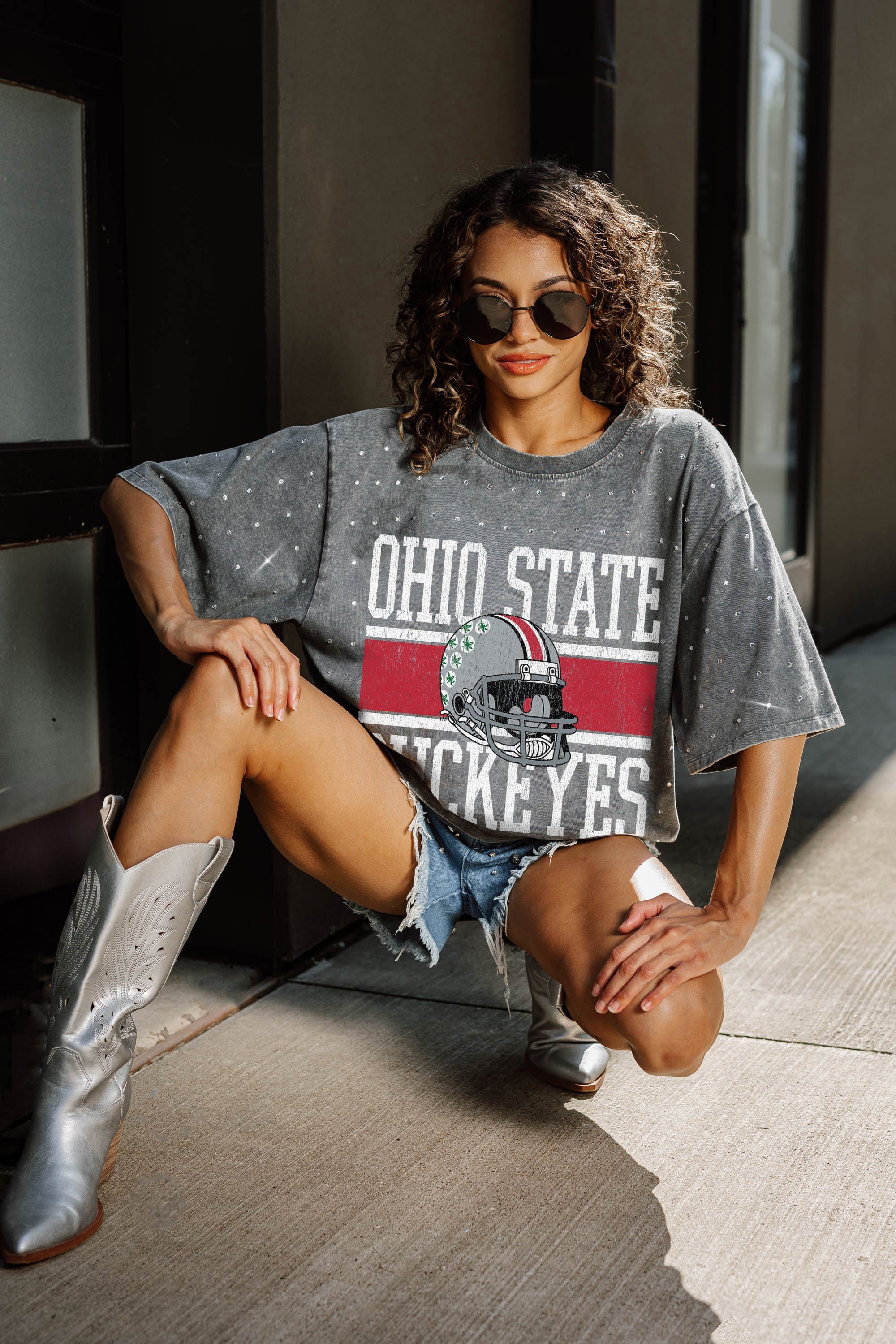 OHIO STATE BUCKEYES ON THE BALL MINI RHINESTONE SHORT SLEEVE CLASSIC TEE