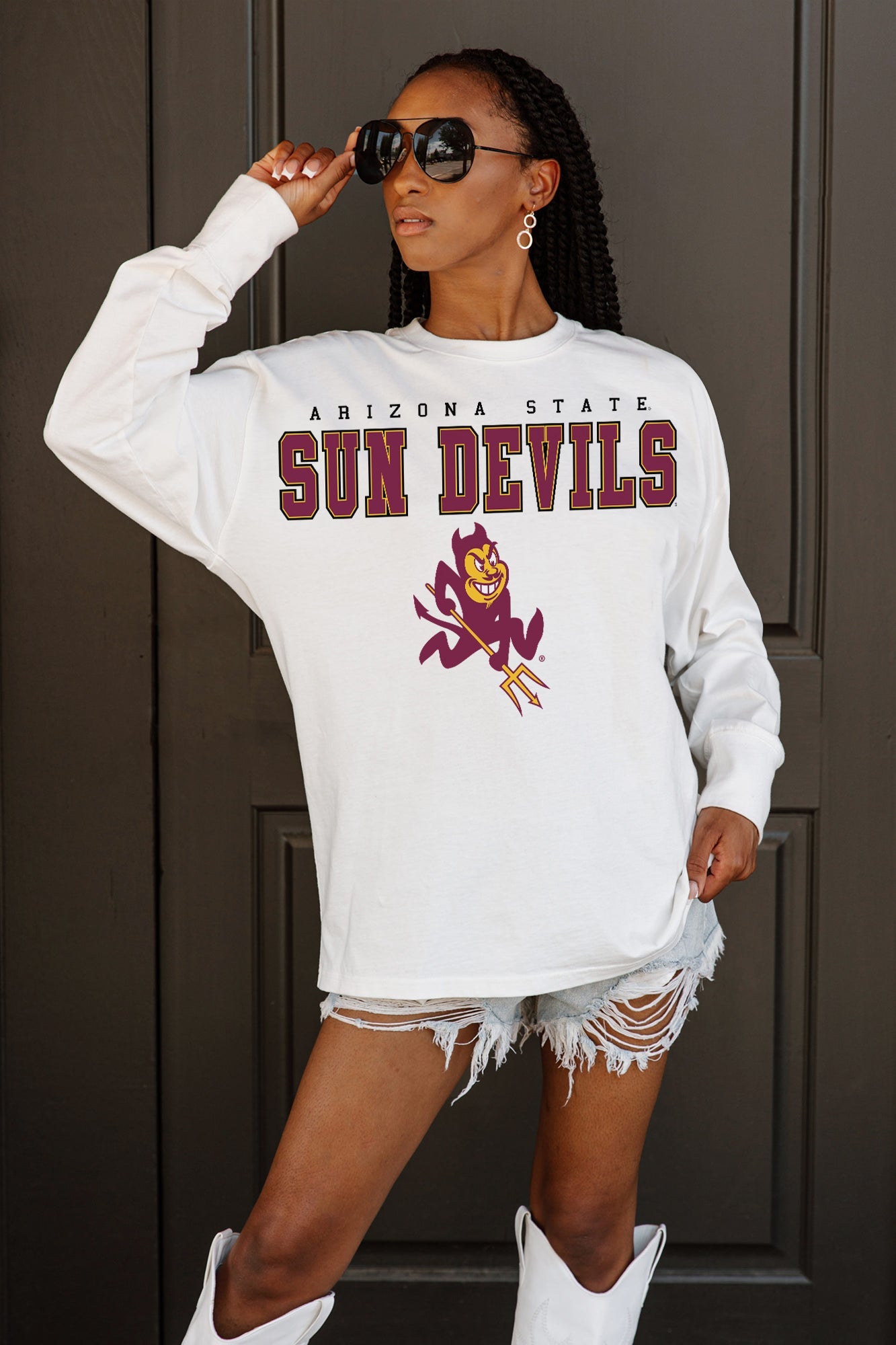 White ARIZONA STATE SUN DEVILS BIG GOALS OVERSIZED Long Sleeve Tee - Casual Pose | Gameday Couture - SOHO