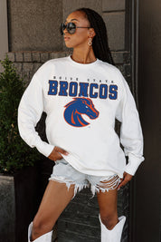 White Boise State Broncos Big Goals Oversized Long Sleeve Tee - Front Graphic Detail On Model | Gameday Couture - SOHO