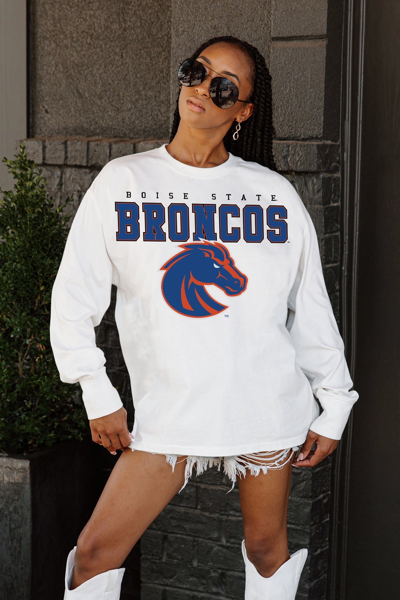 White Boise State Broncos Big Goals Oversized Long Sleeve Tee - Relaxed Fit Back View On Model | Gameday Couture - SOHO