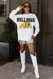 White Bowie State Bulldogs Big Goals Oversized Long Sleeve Tee - Full Body On Model | Gameday Couture - SOHO