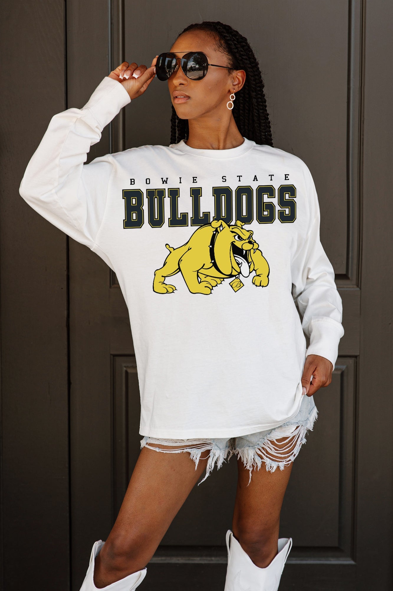 White Bowie State Bulldogs Big Goals Oversized Long Sleeve Tee - On Model Lifestyle Shot | Gameday Couture - SOHO