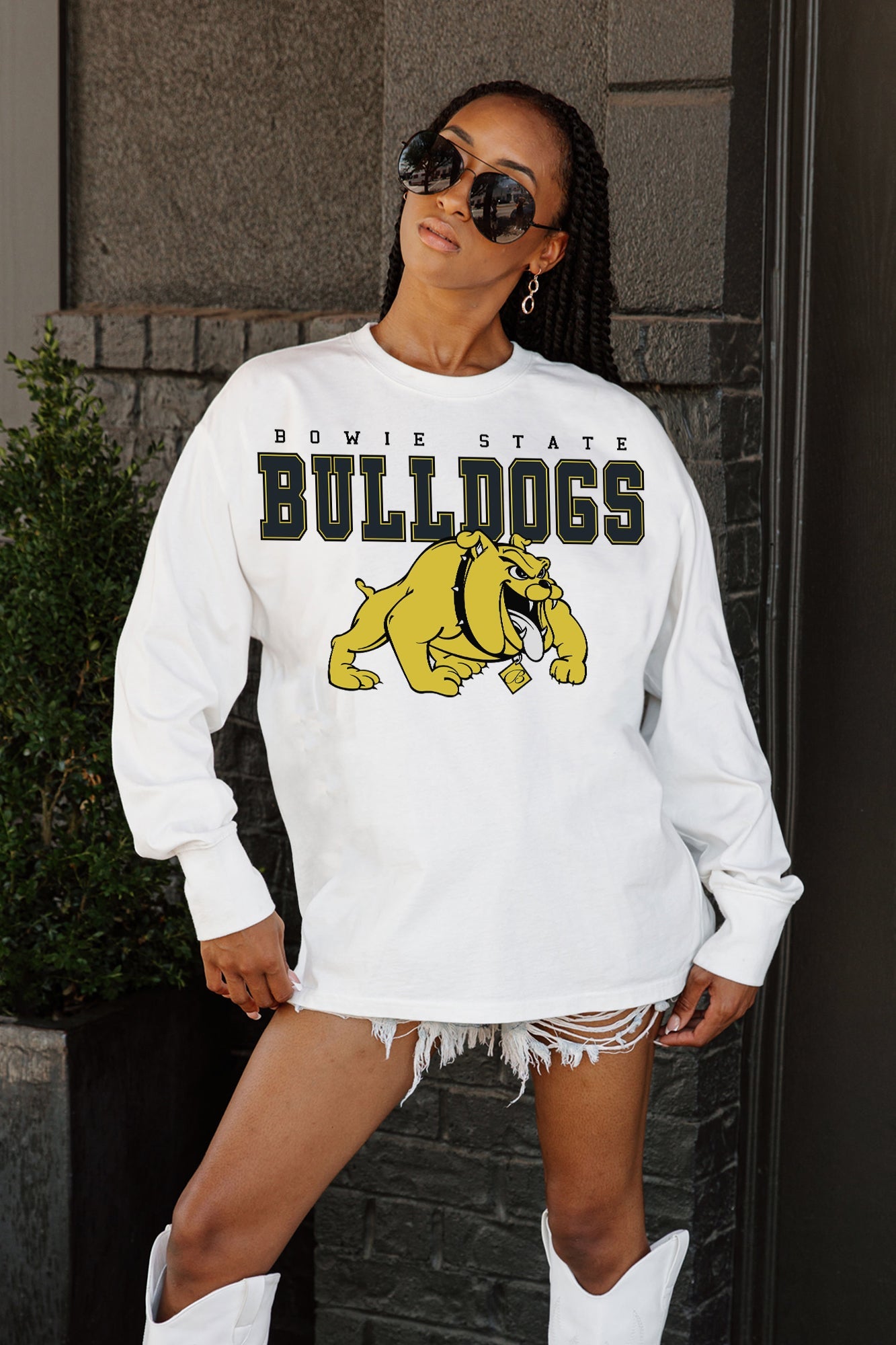 White Bowie State Bulldogs Big Goals Oversized Long Sleeve Tee - Relaxed Fit On Model | Gameday Couture - SOHO