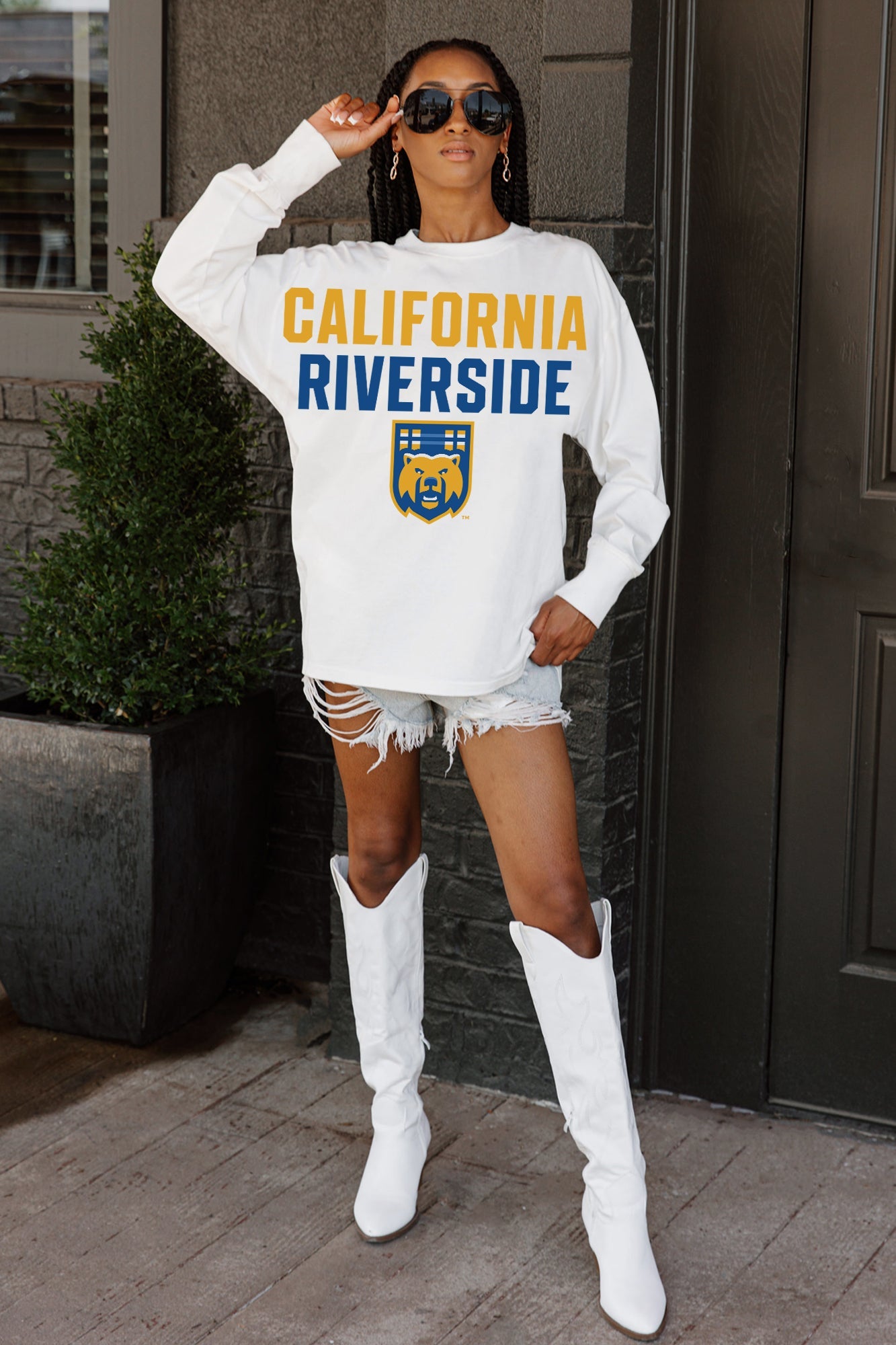 White California Riverside Highlanders BIG GOALS Oversized Long Sleeve Tee - On Model Full Length | Gameday Couture - SOHO