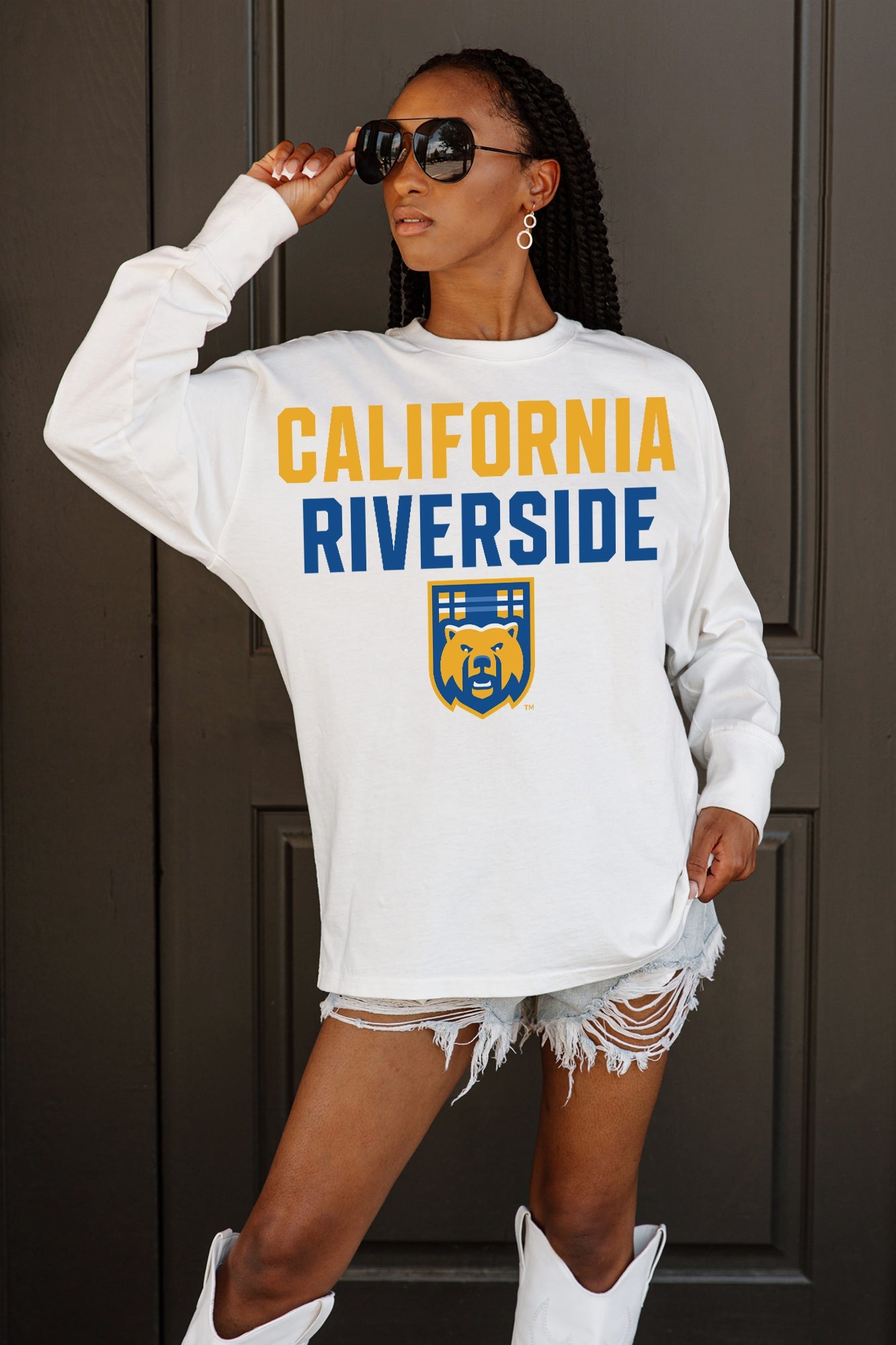 White California Riverside Highlanders BIG GOALS Oversized Long Sleeve Tee - Relaxed Fit On Model | Gameday Couture - SOHO