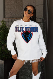 White DEPAUL BLUE DEMONS Big Goals Oversized Long Sleeve Tee - Front Profile | Gameday Couture - SOHO