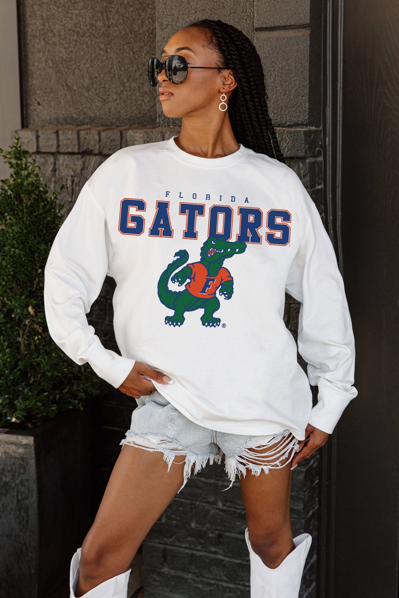 White Florida Gators Big Goals Oversized Long Sleeve Tee - Front Graphic Detail, On Model | Gameday Couture - SOHO