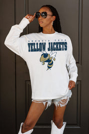 White Georgia Tech Yellow Jackets Big Goals Oversized Long Sleeve Tee - Relaxed Fit On Model | Gameday Couture - SOHO