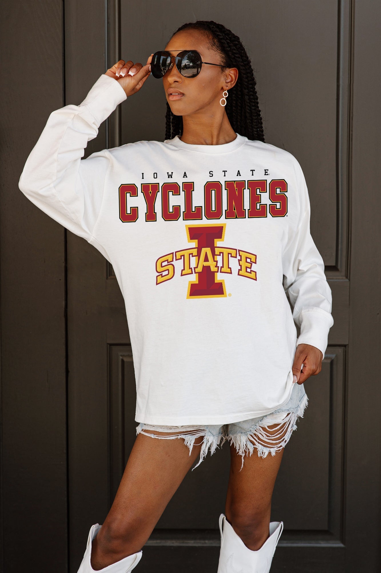 IOWA STATE CYCLONES BIG GOALS OVERSIZED LONG SLEEVE TEE WITH RIBBED NECKLINE AND CUFFS