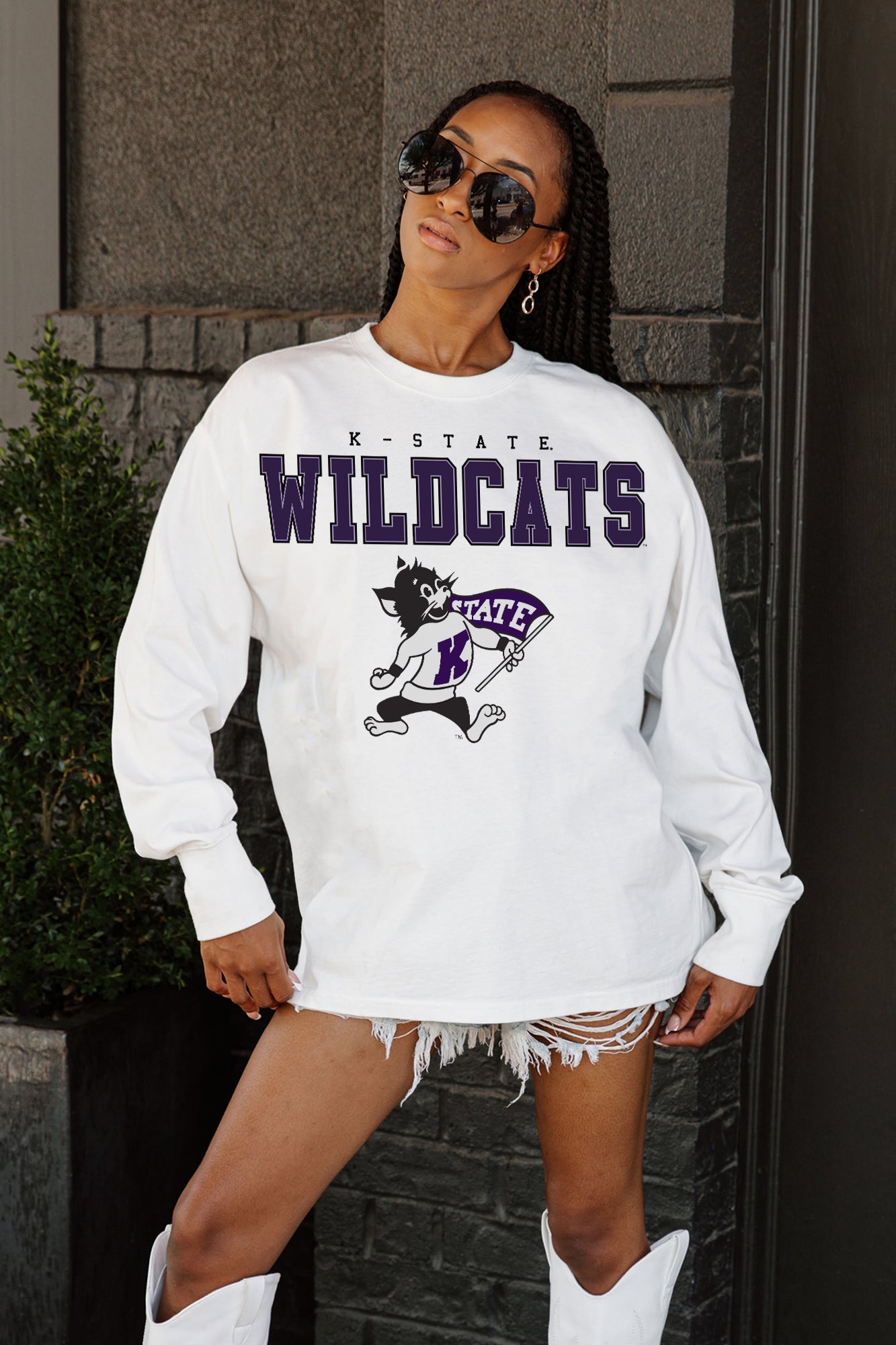 KANSAS STATE WILDCATS BIG GOALS OVERSIZED LONG SLEEVE TEE WITH RIBBED NECKLINE AND CUFFS