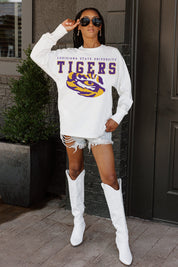 White LSU Tigers Big Goals Oversized Long Sleeve Tee - Full Front Styled Look with Cowboy Boots | Gameday Couture - SOHO