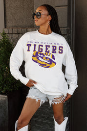 White LSU Tigers Big Goals Oversized Long Sleeve Tee - Front View On Model, Gameday Outfit | Gameday Couture - SOHO