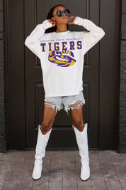White LSU Tigers Big Goals Oversized Long Sleeve Tee - Front Graphic Detail, Styled On Model | Gameday Couture - SOHO