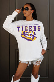 White LSU Tigers Big Goals Oversized Long Sleeve Tee - Three-Quarter Front View, Tailgate Ready | Gameday Couture - SOHO