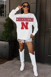 White Nebraska Cornhuskers Big Goals Oversized Long Sleeve Tee - Full Body Styled Look | Gameday Couture - SOHO