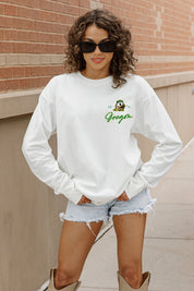White Oregon Ducks Double Move Oversized Long-Sleeve Tee - Front On Model, Chest Logo Detail | Gameday Couture - SOHO