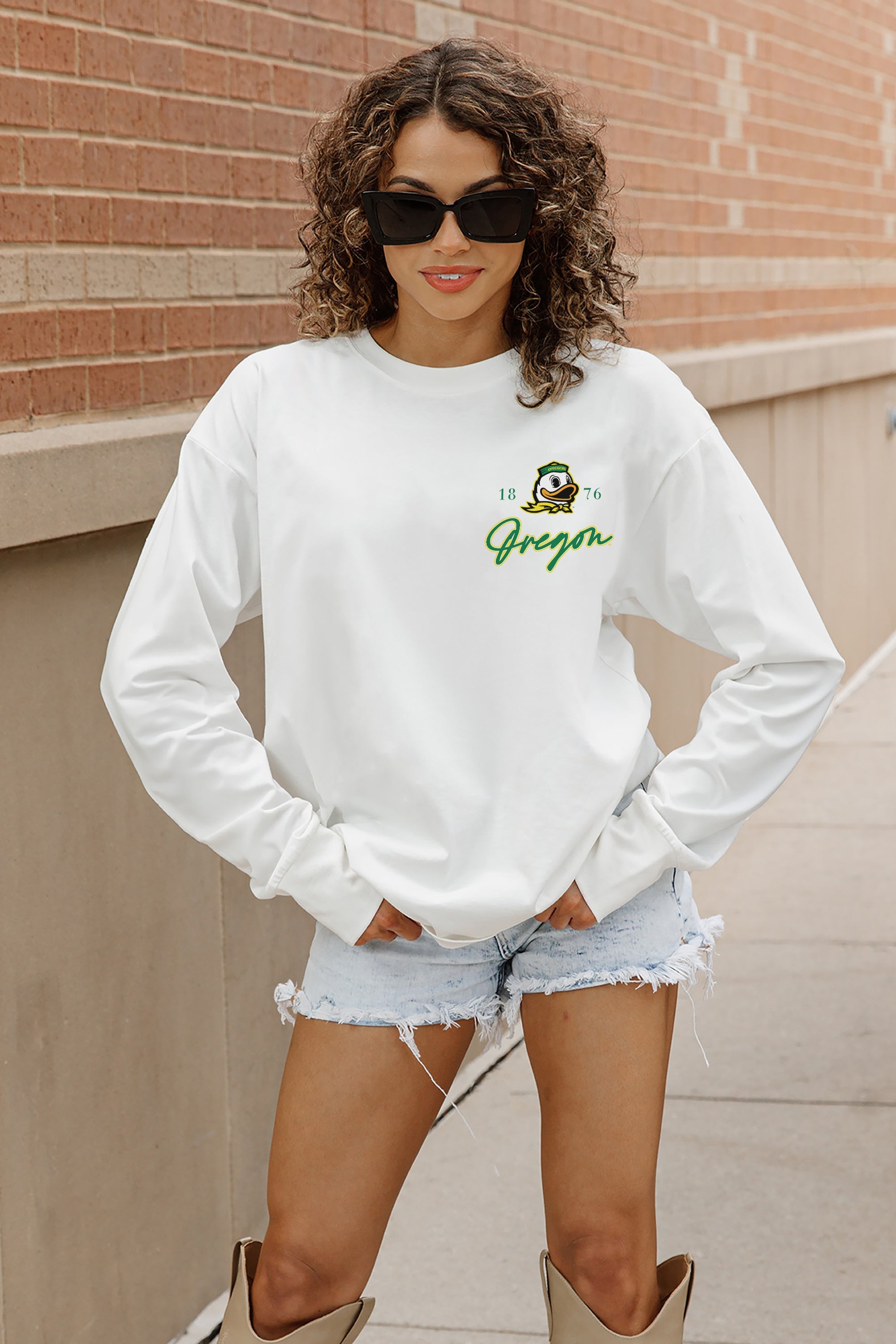 White Oregon Ducks Double Move Oversized Long-Sleeve Tee - Front On Model, Chest Logo Detail | Gameday Couture - SOHO