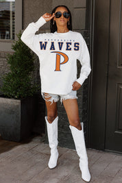 White Pepperdine Waves BIG GOALS Oversized Long Sleeve Tee - Full Body Styled Look with Denim Shorts | Gameday Couture - SOHO