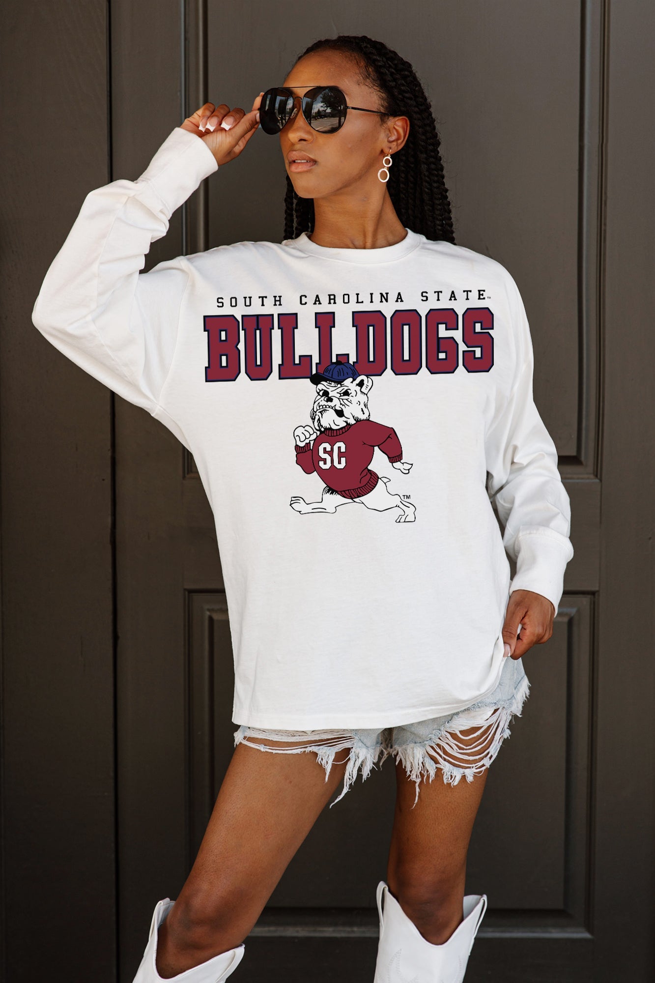 White SC State Bulldogs Big Goals Oversized Long Sleeve Tee - Relaxed Fit Lifestyle Shot | Gameday Couture - SOHO