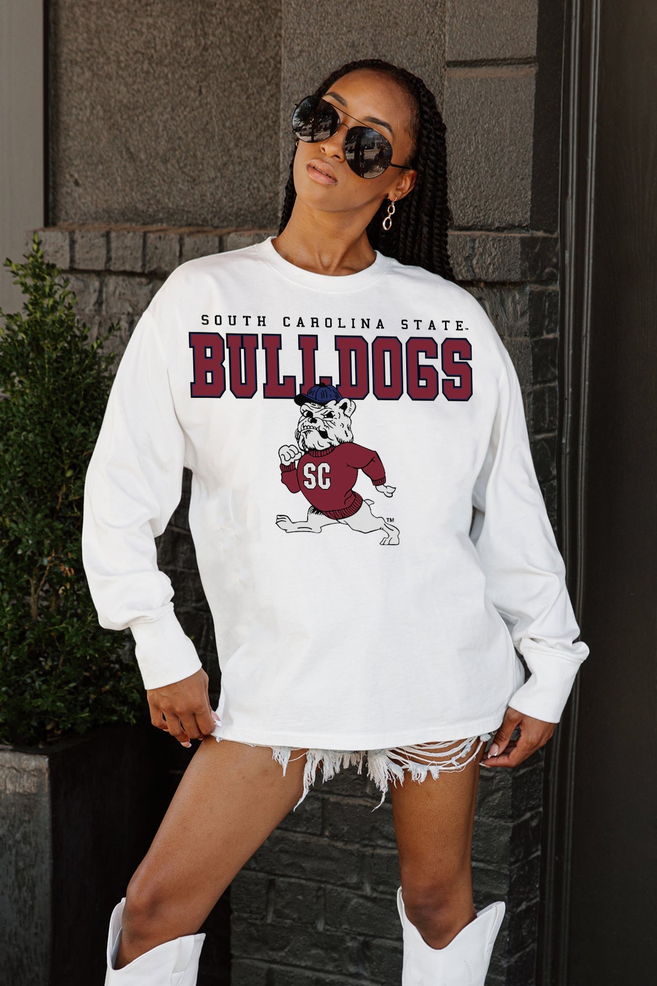 White SC State Bulldogs Big Goals Oversized Long Sleeve Tee - Ribbed Cuff Back View On Model | Gameday Couture - SOHO