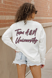 White Texas A&M Aggies Oversized Long-Sleeve Tee - Back View, Bold Maroon Script Graphic On-Model | Gameday Couture - SOHO