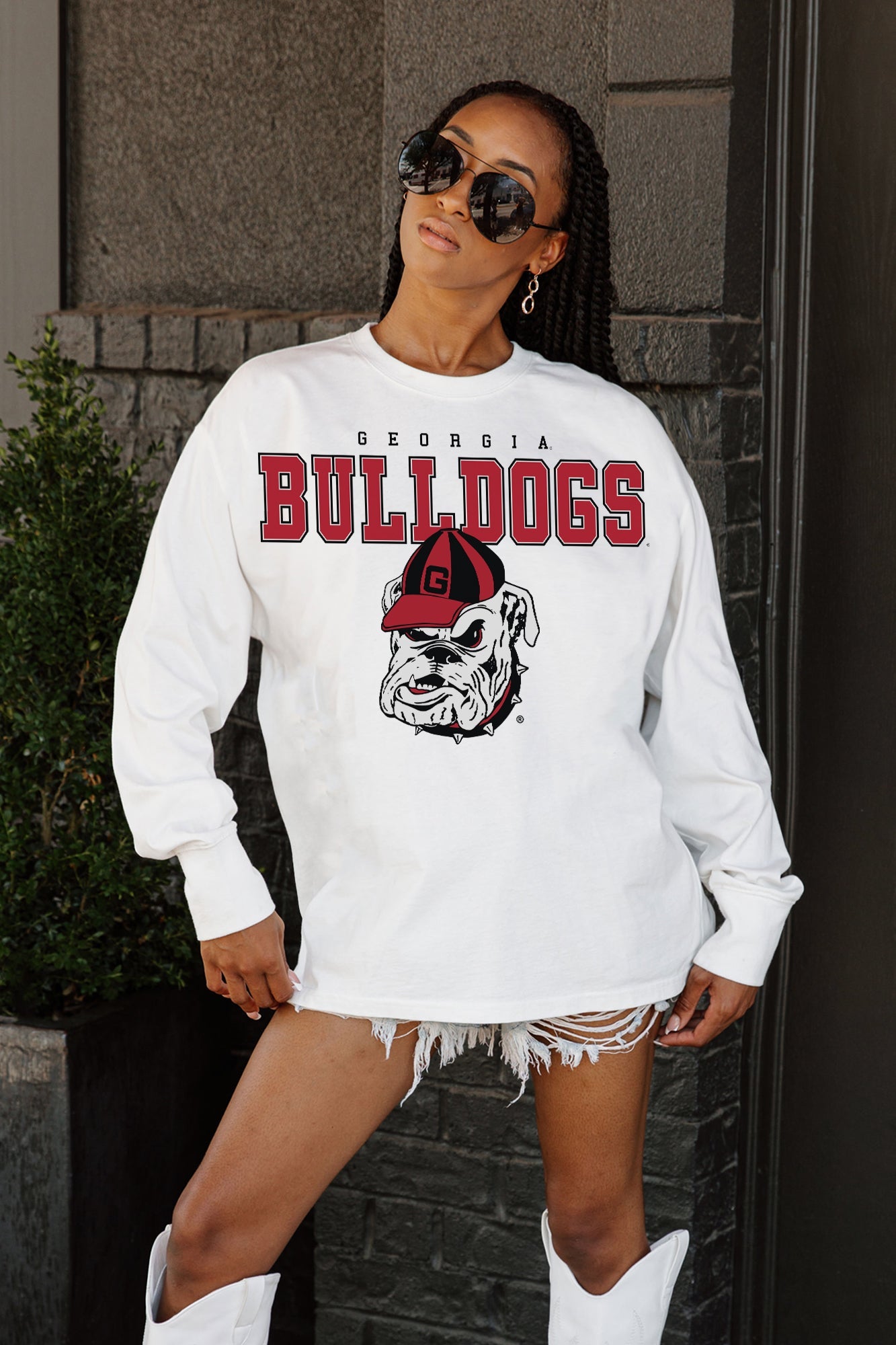 White GEORGIA BULLDOGS Big Goals Oversized Long Sleeve Tee - Front Detail | Gameday Couture - SOHO